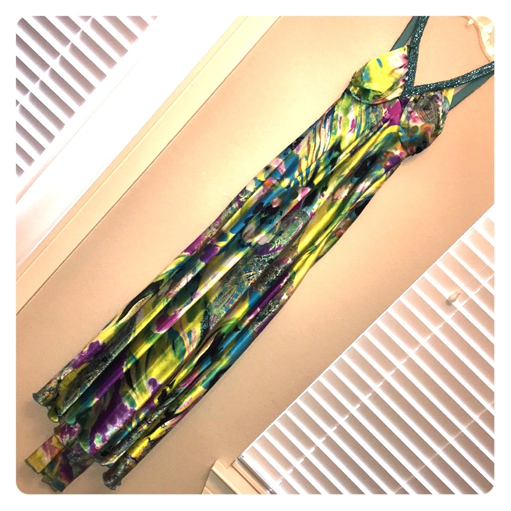 Multi colored formal gown with subtle train